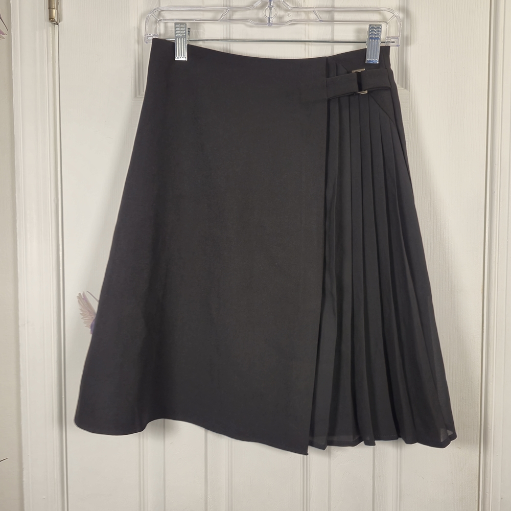 Chic Black Asymmetrical Pleated Midi Skirt with Buckle Detail Edgy Grunge Size S